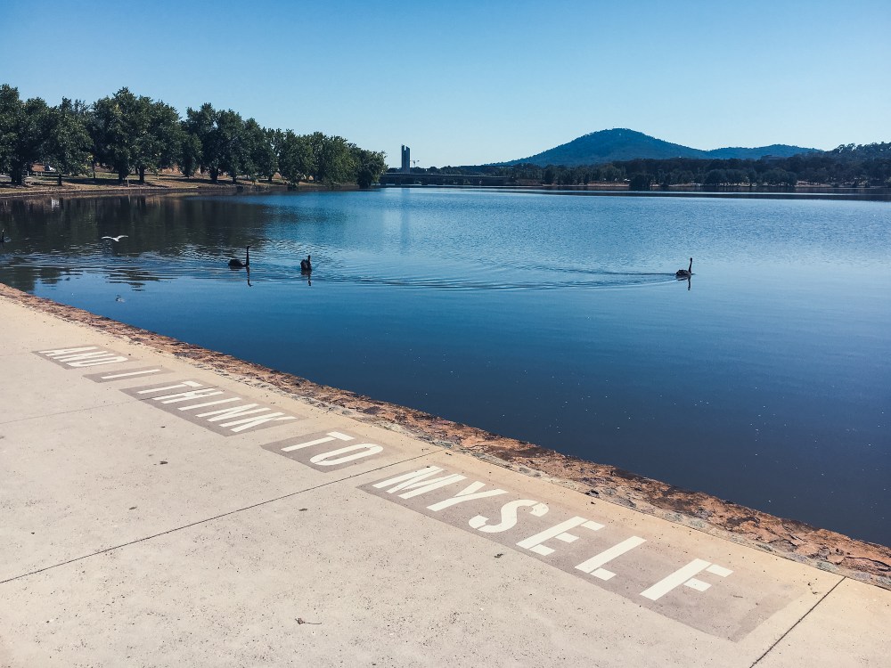 [Image Description: Lake foreshore with swans and birds on the water. Mountain and tower in the distance. On the footpath on the edge of the lake, large white letters read 'And I think to myself'.]