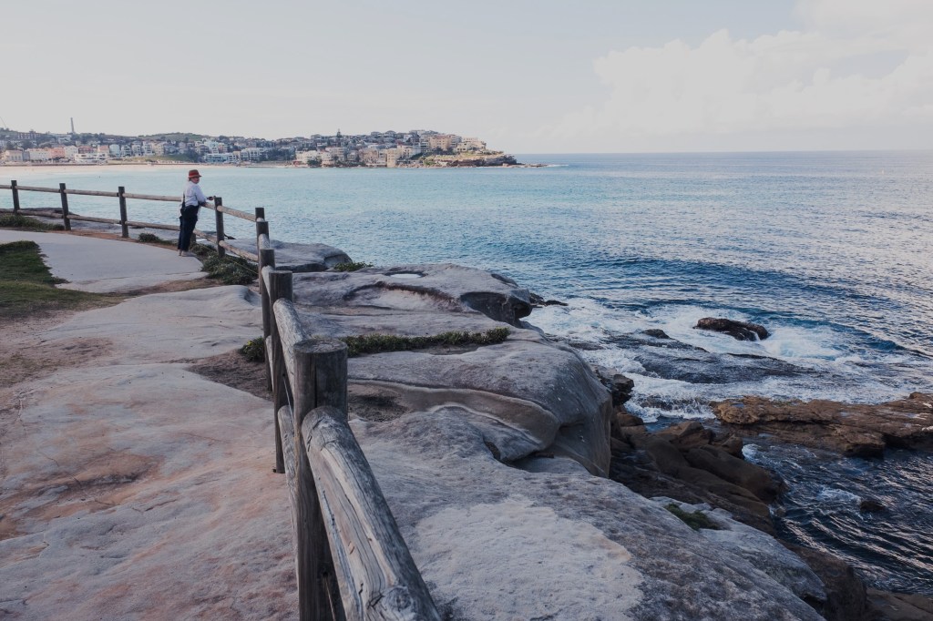 [Image Description: Woman stands at a timber fence on the edge of a rocky cliff overlooking the ocean and swirling water below.]